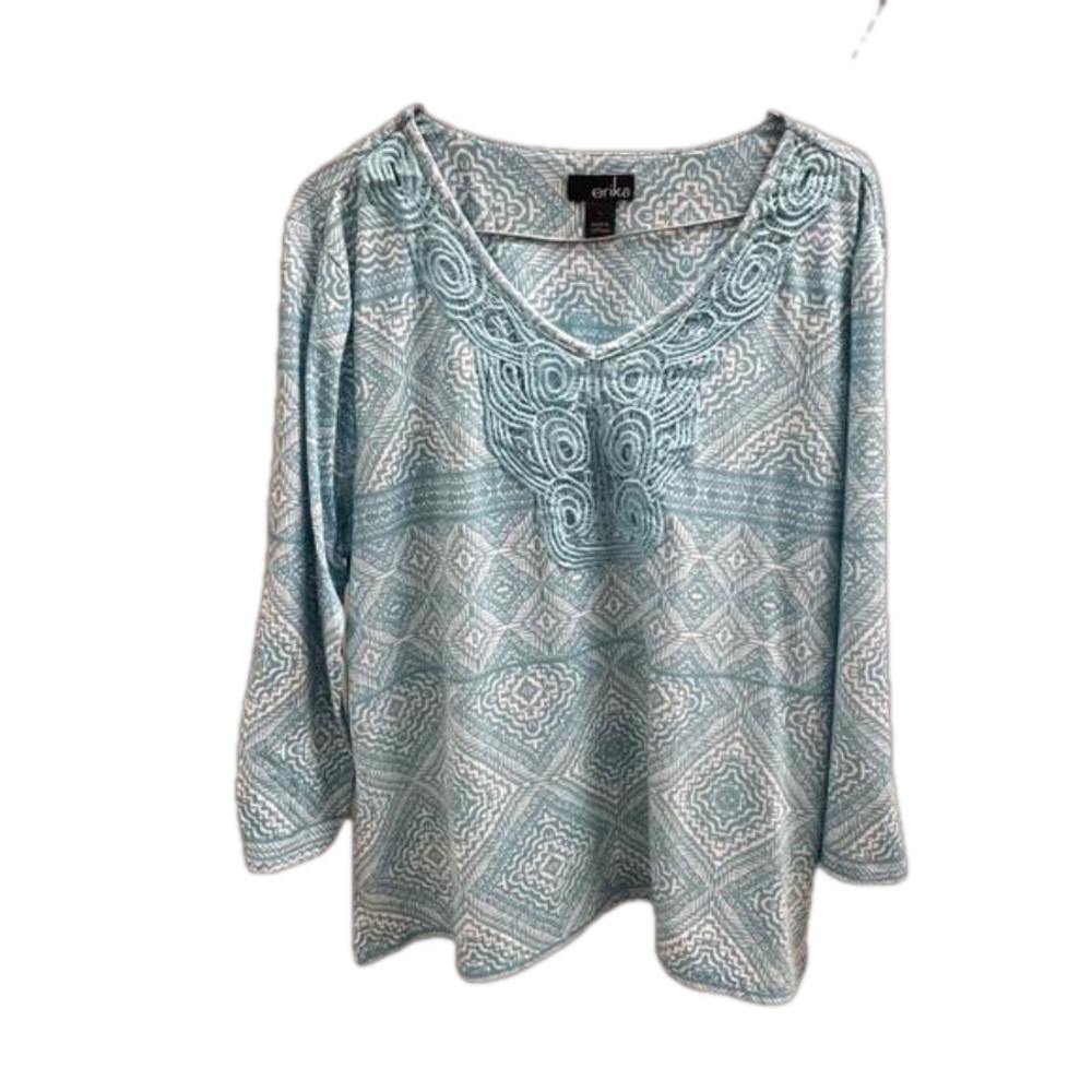Erika Women Blue Floral Long Sleeve Shirt Size L Embroidered Details V Neck